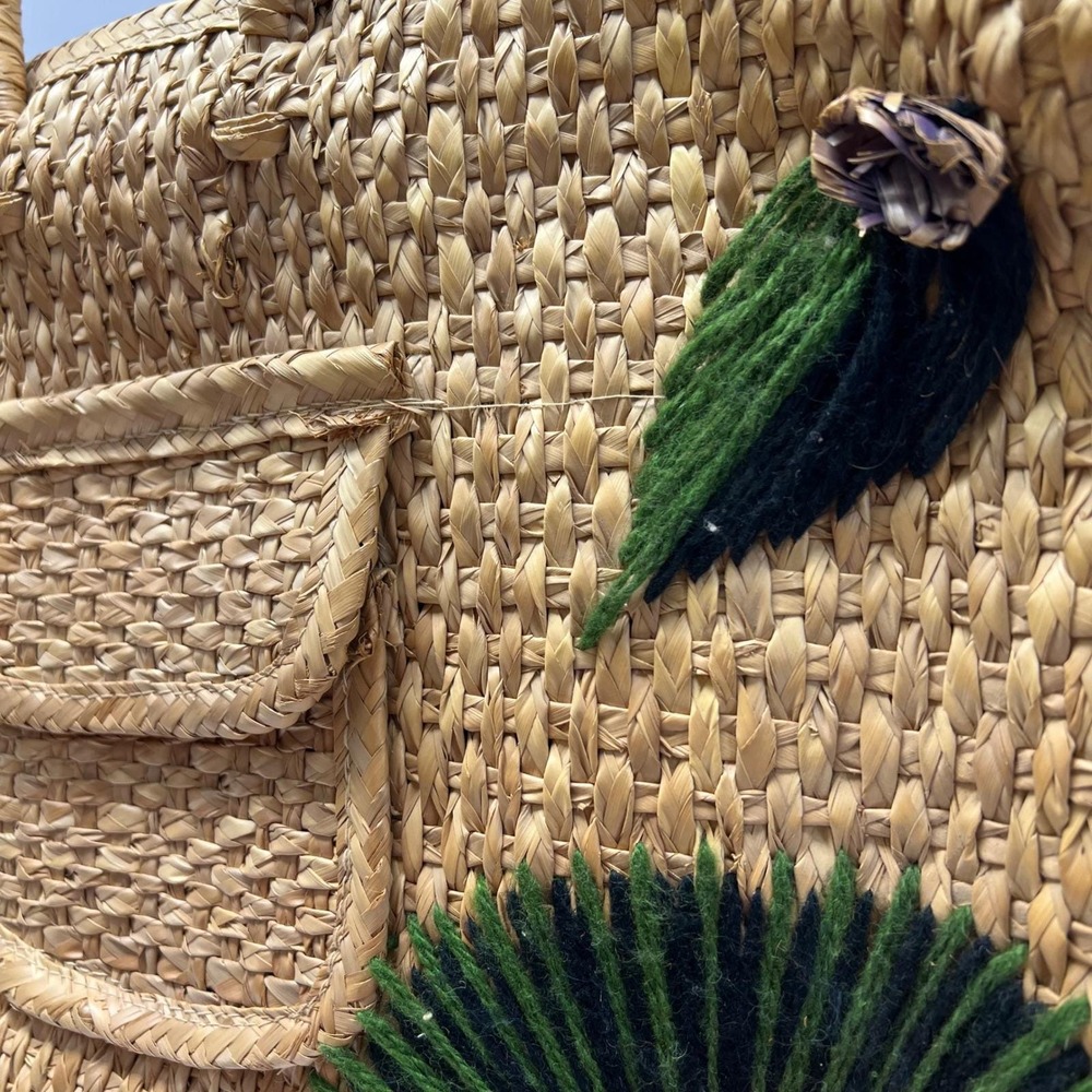Vintage Woven Straw Tote Bag Floral 3D Raffia Embroidery Boho Beach Large Tan - Picture 11 of 16